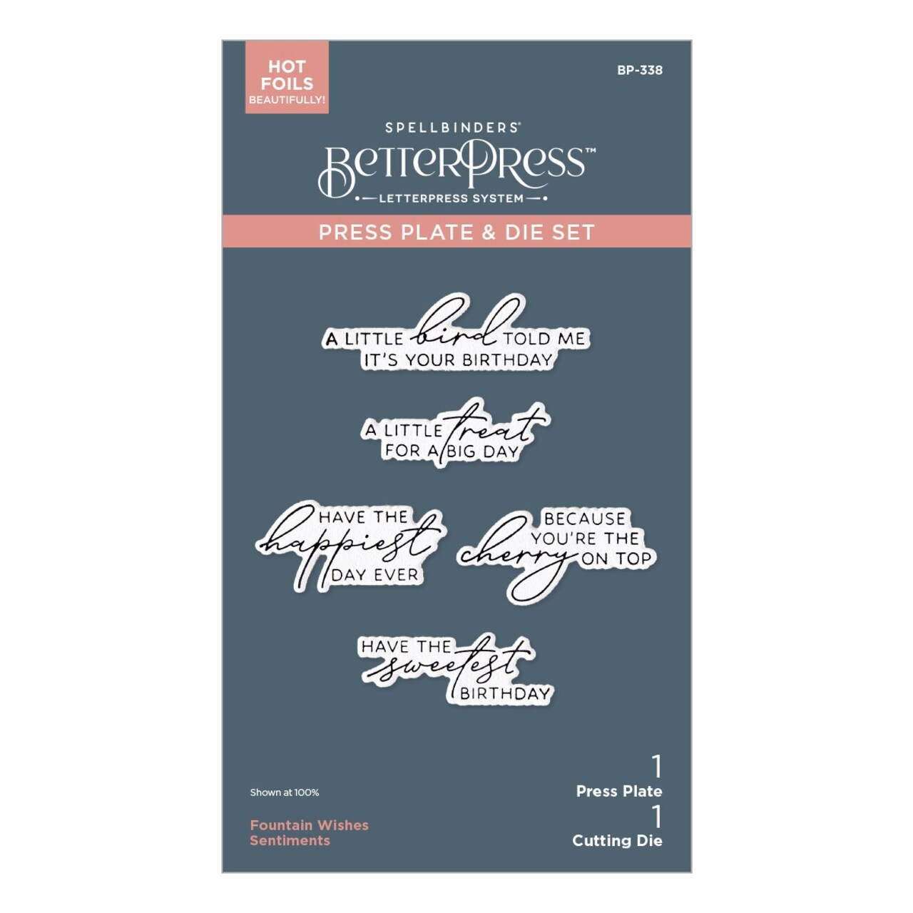 Spellbinders BetterPress Plate & Die Set-Happier Hour, Fountain Wishes Sentiments